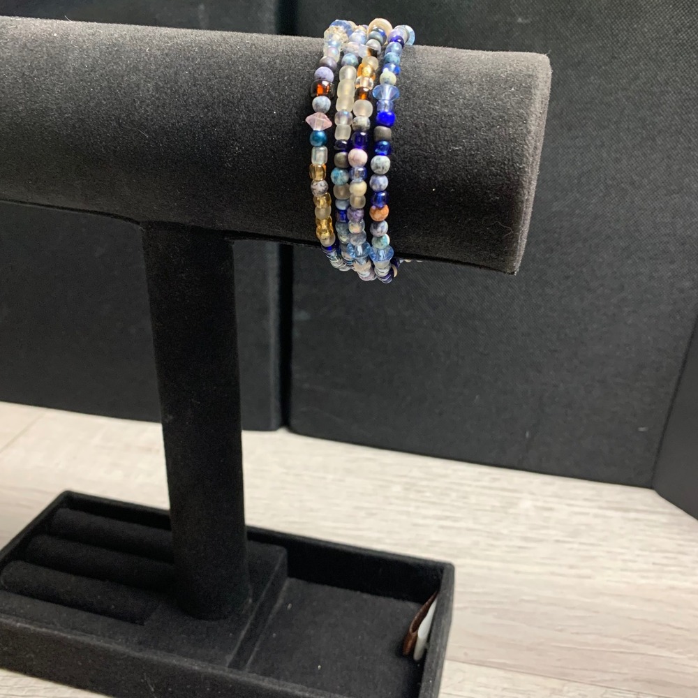 Blue Beaded Memory Wire Wrap Bracelet Boho Multi Layer Coil Glass Stone Mix